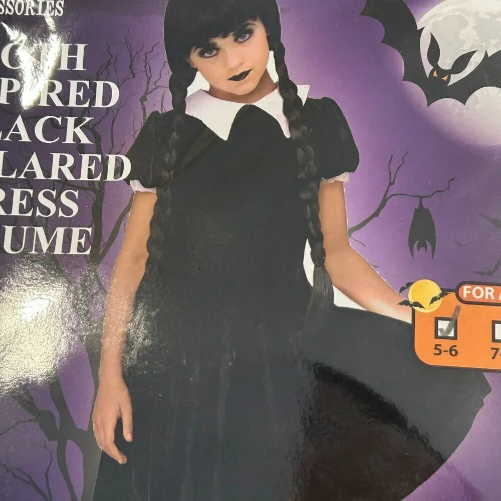NEW Fun World Gothic Wednesday Addams Dress Girl's Halloween Costume Size Small